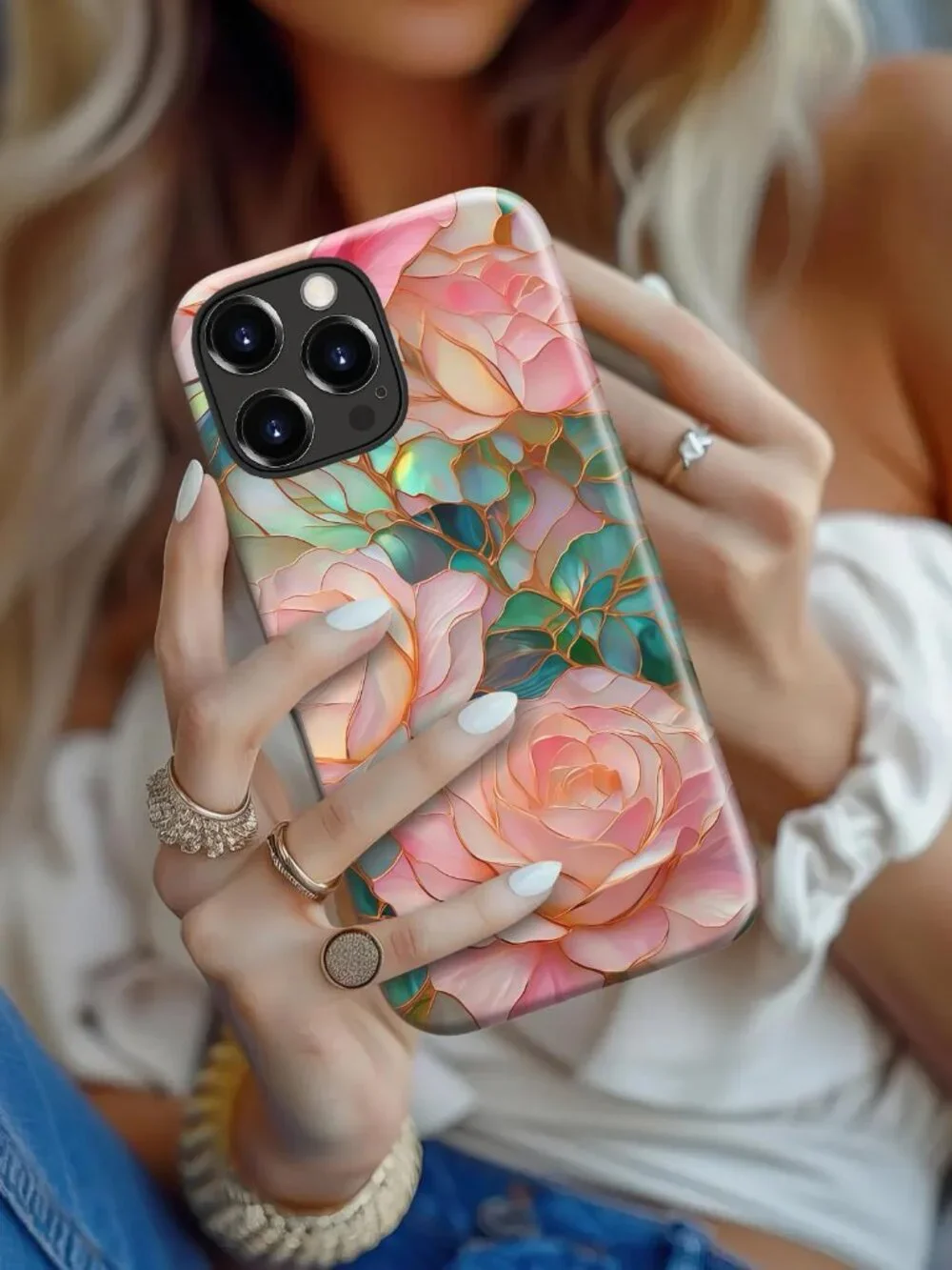 iPhone 16 Pro Case Cute Pink Rose Wireless Charging Protective Cover